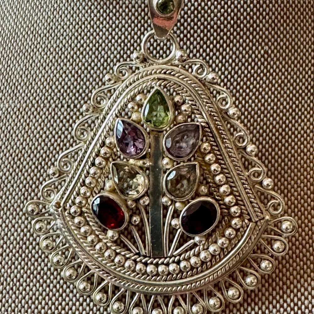 Large Artisan Silver With Multi-Gemstone Pendant - Picture 2 of 8